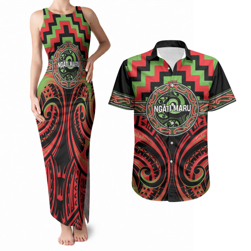 Aotearoa Ngati Maru Personalised Couples Matching Tank Maxi Dress and Hawaiian Shirt Maori Iwi Poutama Puhoro Tattoo