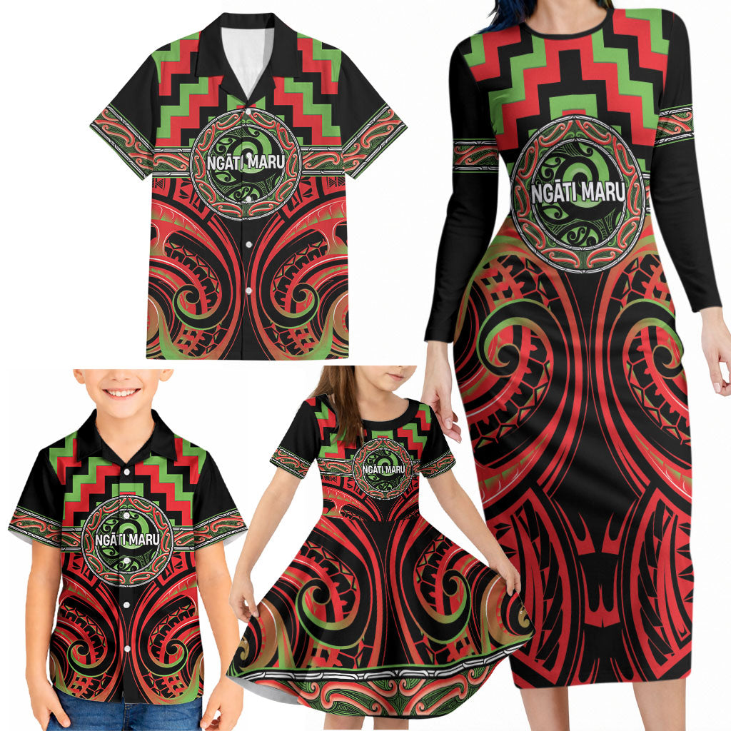 Aotearoa Ngati Maru Personalised Family Matching Long Sleeve Bodycon Dress and Hawaiian Shirt Maori Iwi Poutama Puhoro Tattoo