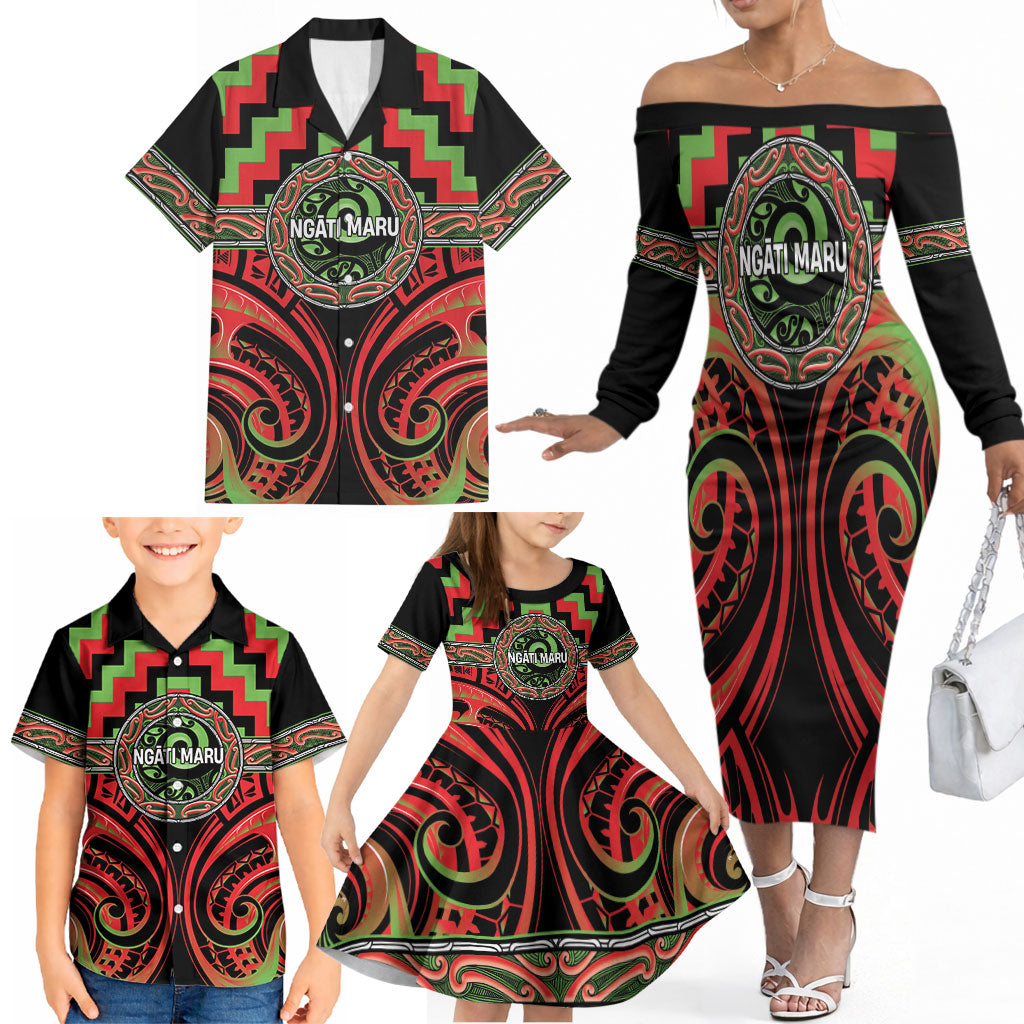 Aotearoa Ngati Maru Personalised Family Matching Off The Shoulder Long Sleeve Dress and Hawaiian Shirt Maori Iwi Poutama Puhoro Tattoo