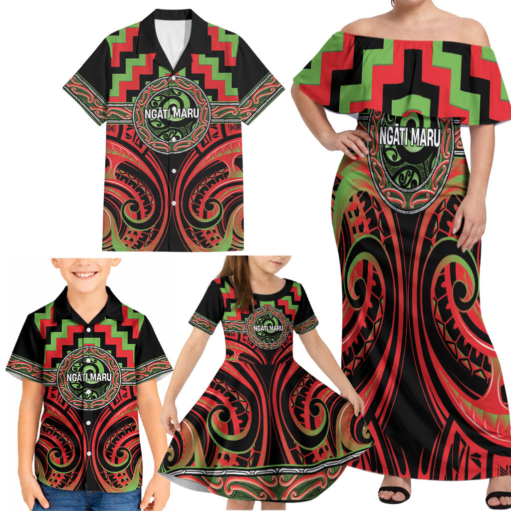 Aotearoa Ngati Maru Personalised Family Matching Off Shoulder Maxi Dress and Hawaiian Shirt Maori Iwi Poutama Puhoro Tattoo