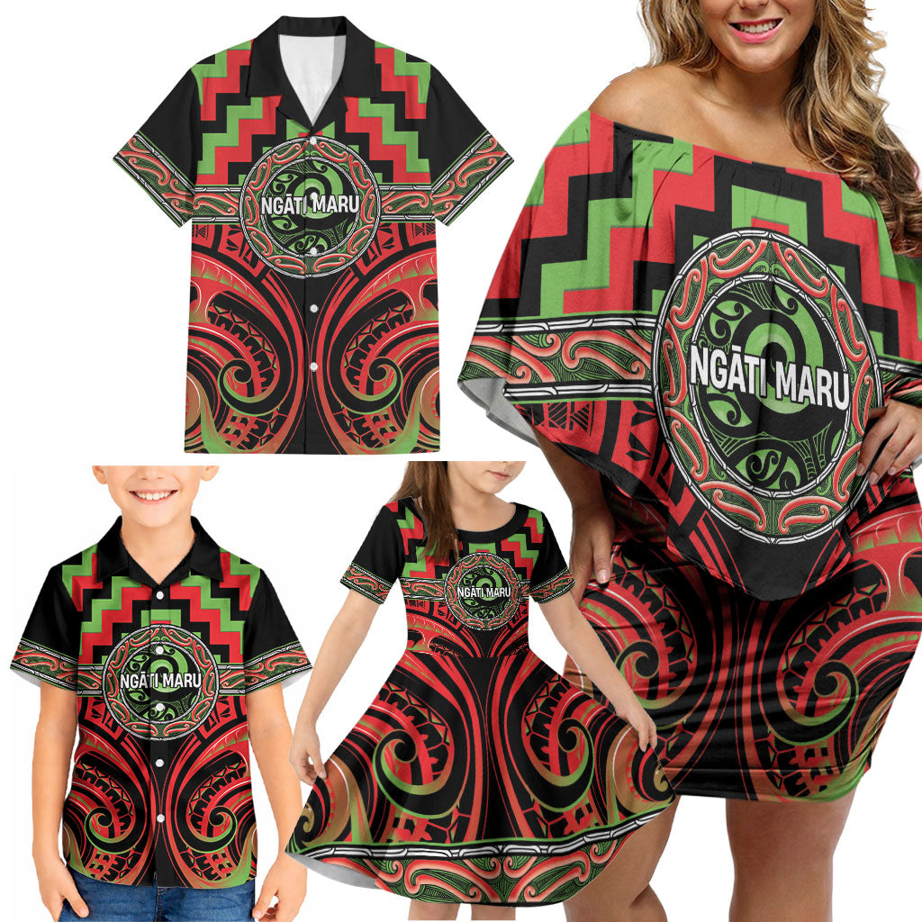 Aotearoa Ngati Maru Personalised Family Matching Off Shoulder Short Dress and Hawaiian Shirt Maori Iwi Poutama Puhoro Tattoo