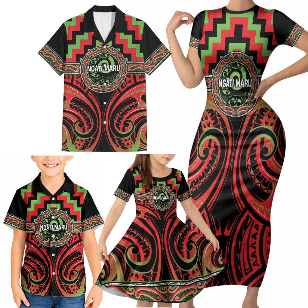 Aotearoa Ngati Maru Personalised Family Matching Short Sleeve Bodycon Dress and Hawaiian Shirt Maori Iwi Poutama Puhoro Tattoo