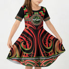 Aotearoa Ngati Maru Personalised Kid Short Sleeve Dress Maori Iwi Poutama Puhoro Tattoo