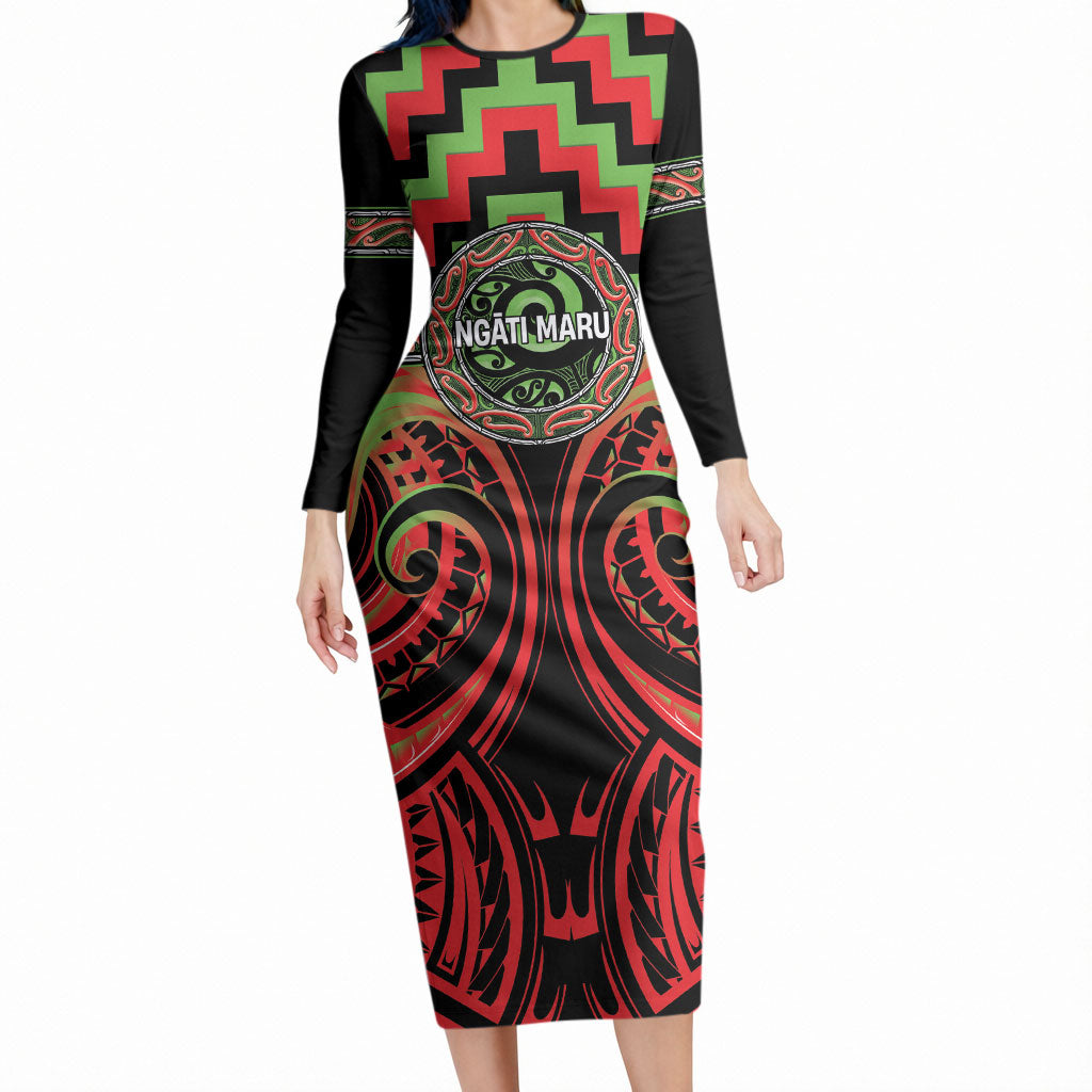 Aotearoa Ngati Maru Personalised Long Sleeve Bodycon Dress Maori Iwi Poutama Puhoro Tattoo