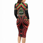 Aotearoa Ngati Maru Personalised Long Sleeve Bodycon Dress Maori Iwi Poutama Puhoro Tattoo