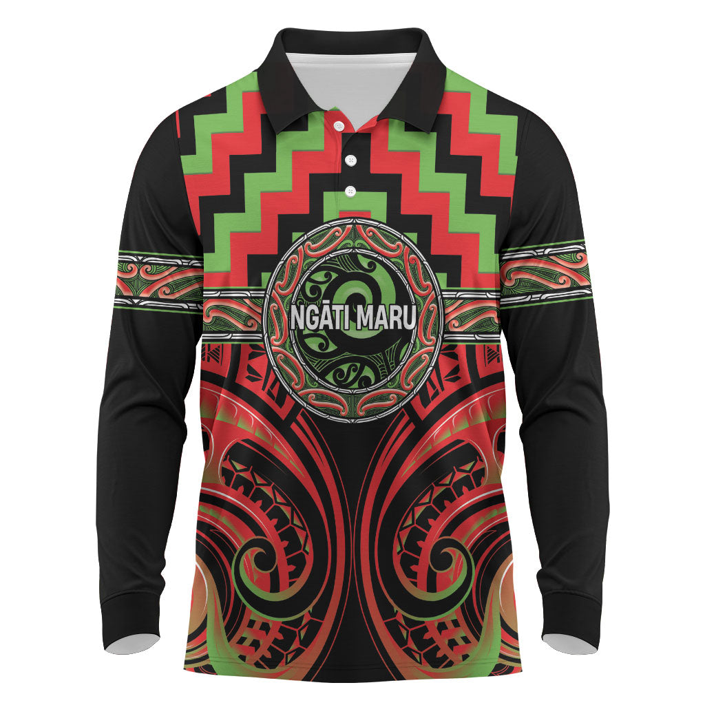 Aotearoa Ngati Maru Personalised Long Sleeve Polo Shirt Maori Iwi Poutama Puhoro Tattoo