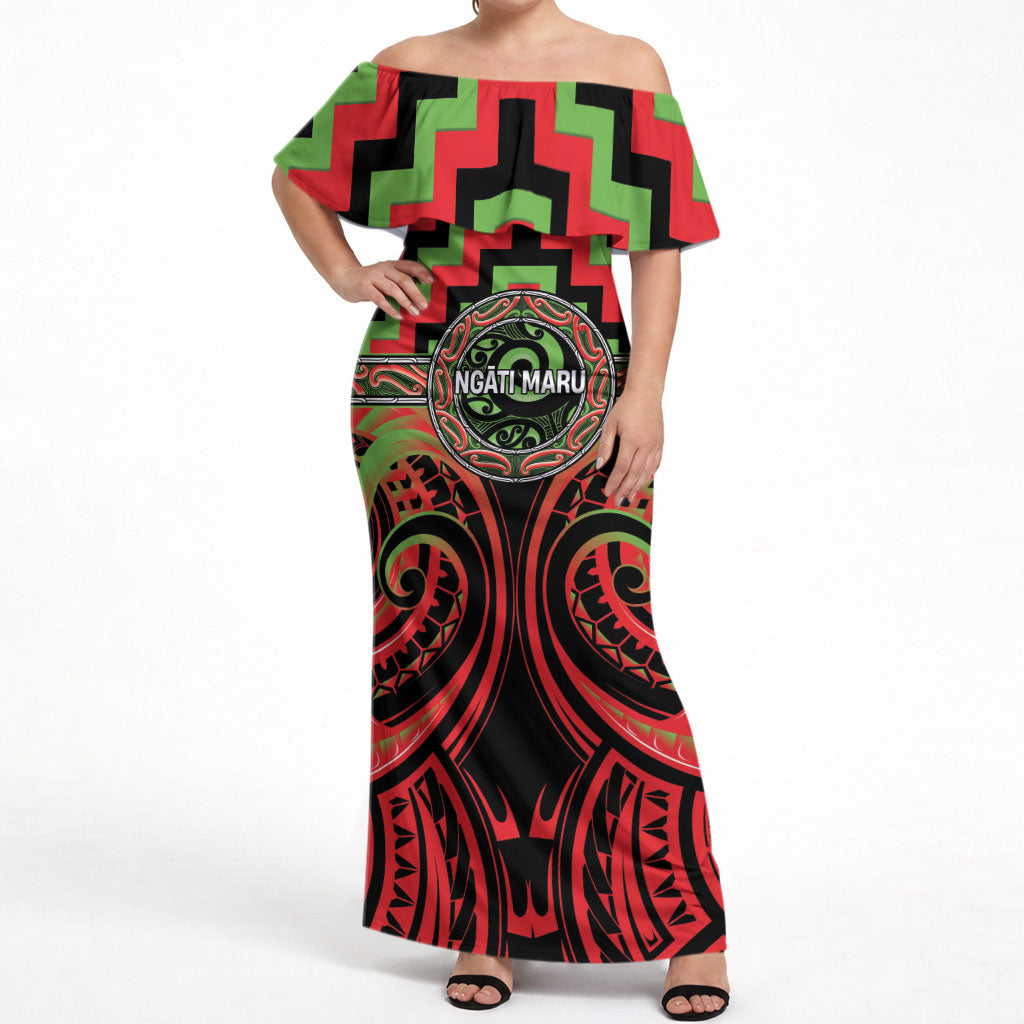 Aotearoa Ngati Maru Personalised Off Shoulder Maxi Dress Maori Iwi Poutama Puhoro Tattoo