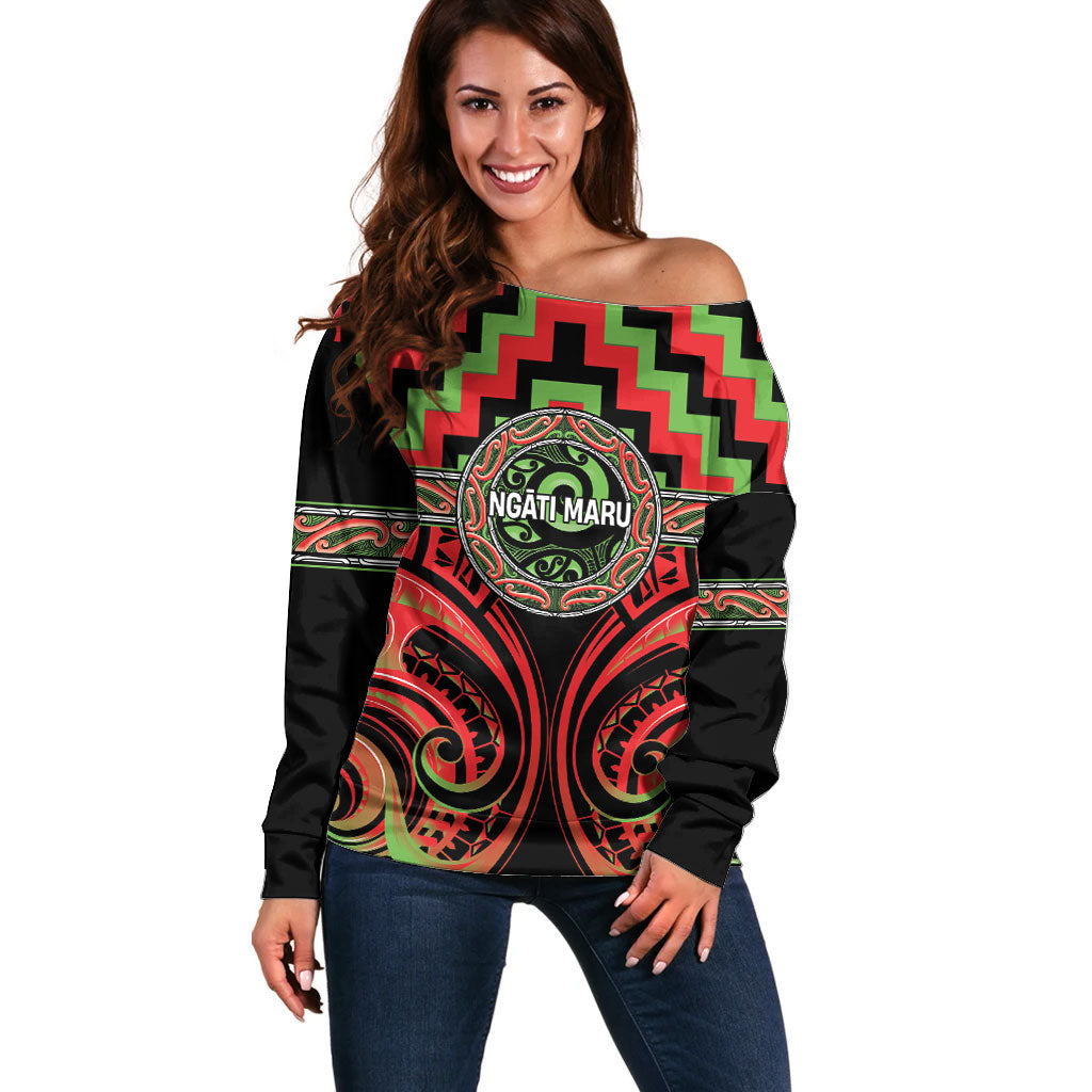 Aotearoa Ngati Maru Personalised Off Shoulder Sweater Maori Iwi Poutama Puhoro Tattoo