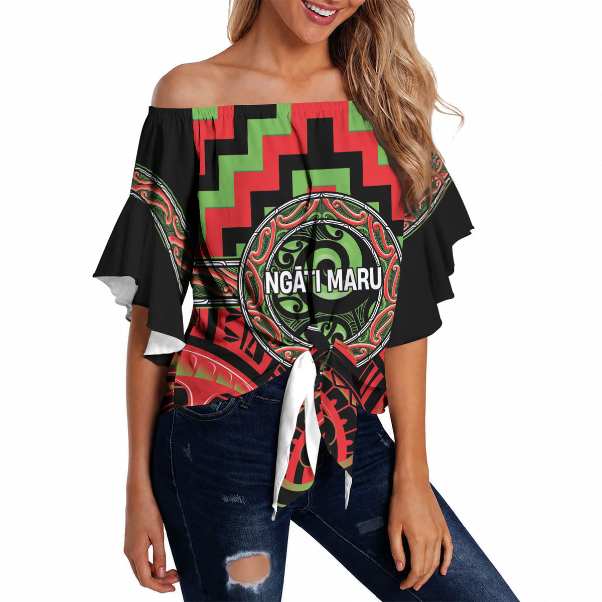 Aotearoa Ngati Maru Personalised Off Shoulder Wrap Waist Top Maori Iwi Poutama Puhoro Tattoo