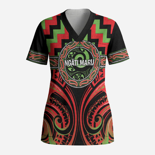 Aotearoa Ngati Maru Personalised Scrub Top Maori Iwi Poutama Puhoro Tattoo