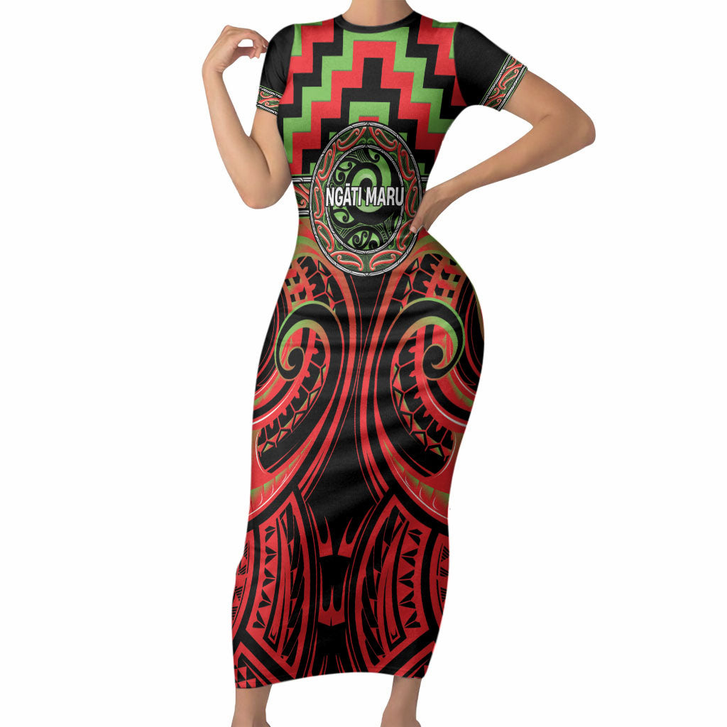 Aotearoa Ngati Maru Personalised Short Sleeve Bodycon Dress Maori Iwi Poutama Puhoro Tattoo