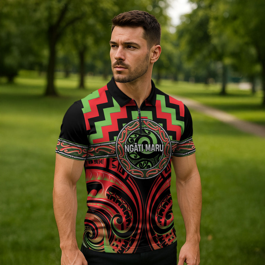 Aotearoa Ngati Maru Personalised Zipper Polo Shirt Maori Iwi Poutama Puhoro Tattoo