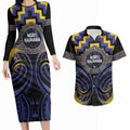 Aotearoa Ngati Raukawa Personalised Couples Matching Long Sleeve Bodycon Dress and Hawaiian Shirt Maori Iwi Poutama Puhoro Tattoo