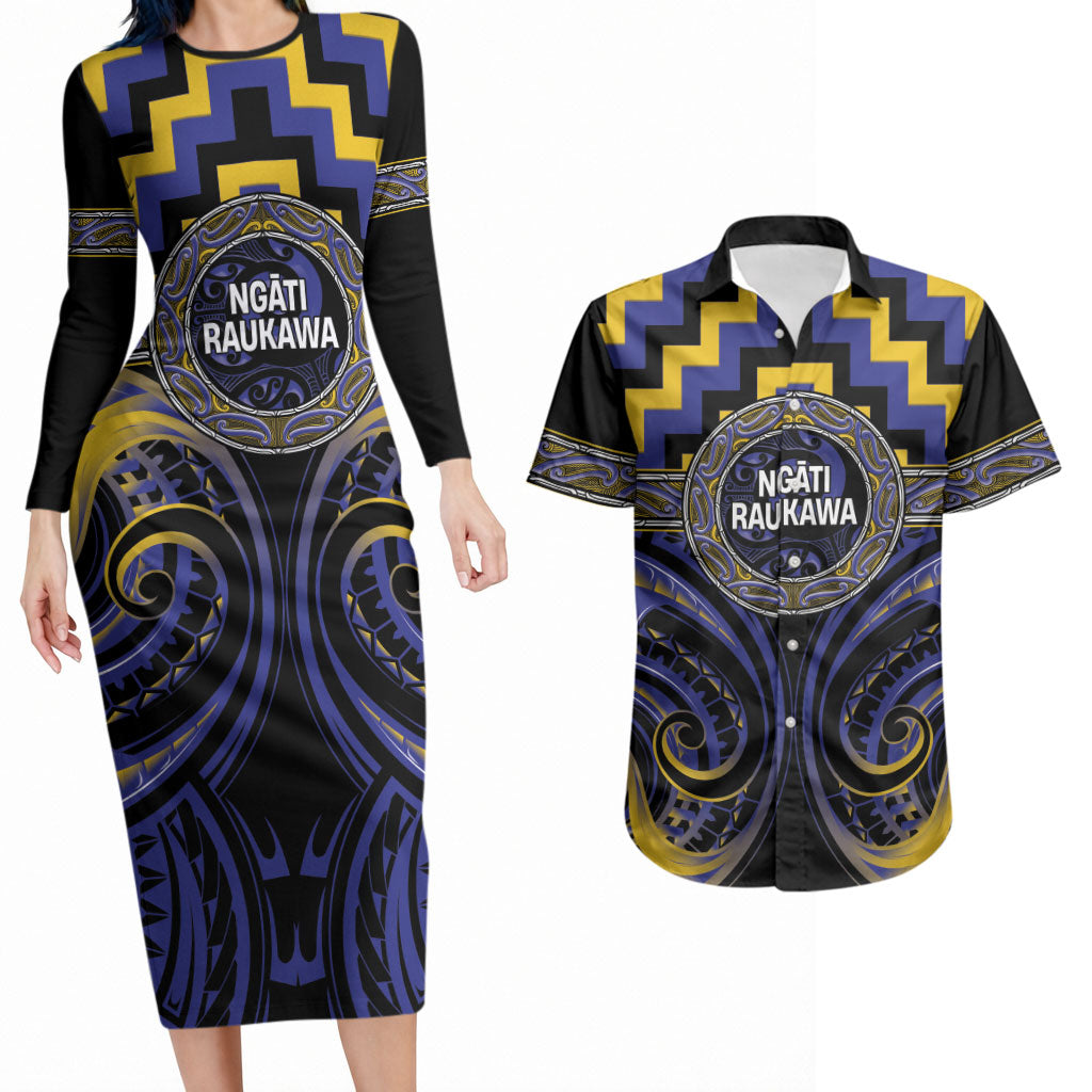 Aotearoa Ngati Raukawa Personalised Couples Matching Long Sleeve Bodycon Dress and Hawaiian Shirt Maori Iwi Poutama Puhoro Tattoo