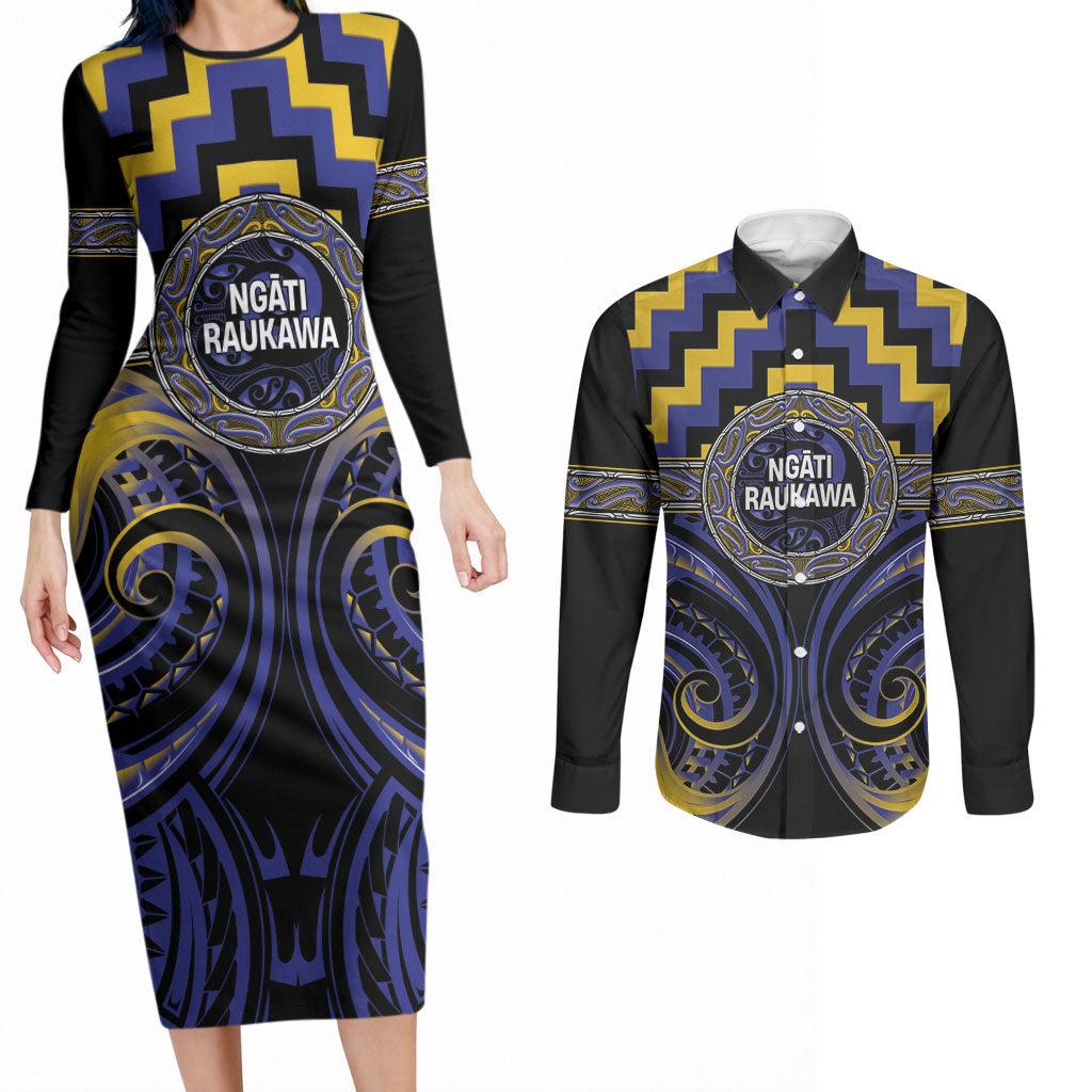 Aotearoa Ngati Raukawa Personalised Couples Matching Long Sleeve Bodycon Dress and Long Sleeve Button Shirt Maori Iwi Poutama Puhoro Tattoo