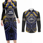 Aotearoa Ngati Raukawa Personalised Couples Matching Long Sleeve Bodycon Dress and Long Sleeve Button Shirt Maori Iwi Poutama Puhoro Tattoo