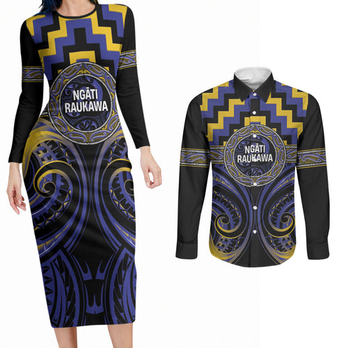 Aotearoa Ngati Raukawa Personalised Couples Matching Long Sleeve Bodycon Dress and Long Sleeve Button Shirt Maori Iwi Poutama Puhoro Tattoo