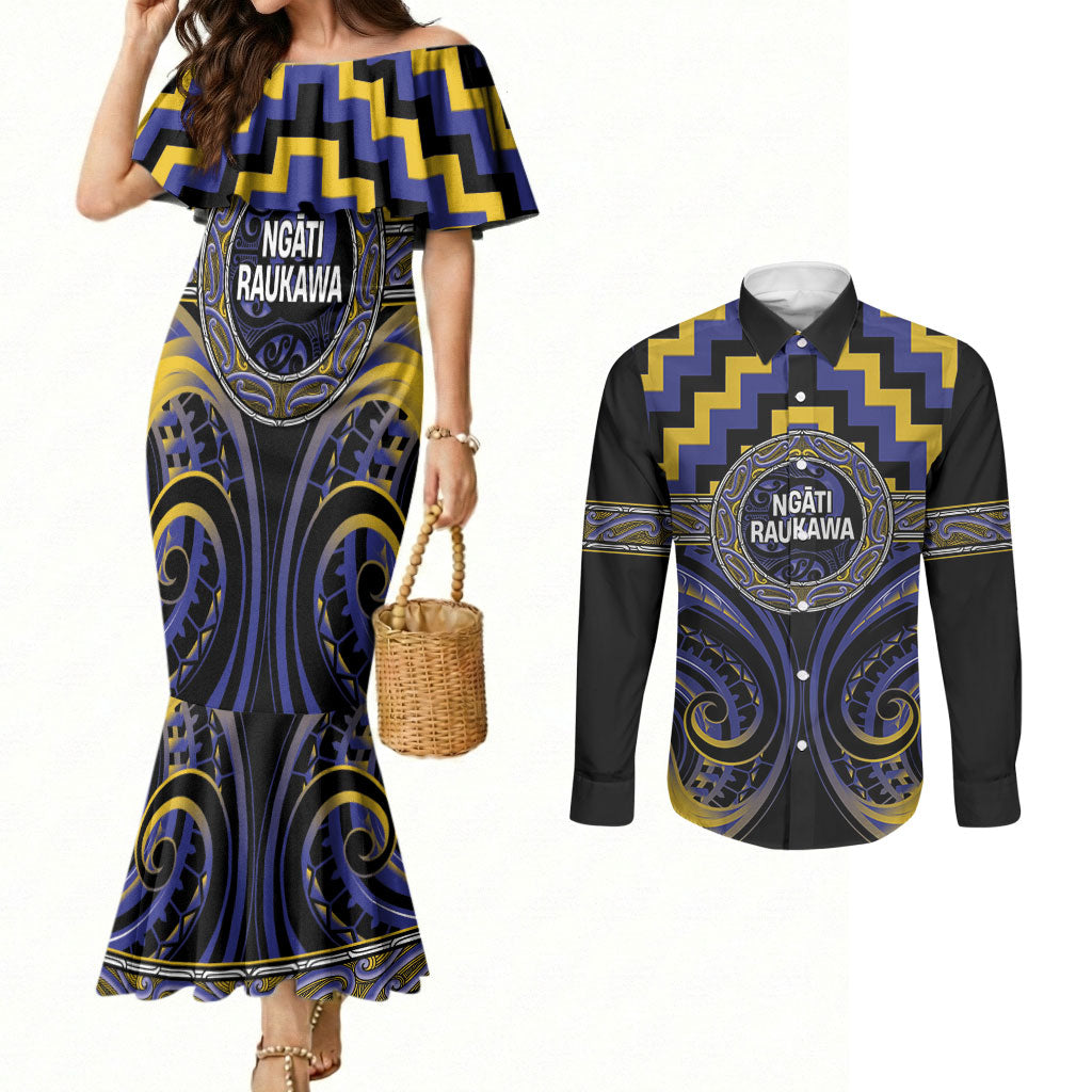 Aotearoa Ngati Raukawa Personalised Couples Matching Mermaid Dress and Long Sleeve Button Shirt Maori Iwi Poutama Puhoro Tattoo