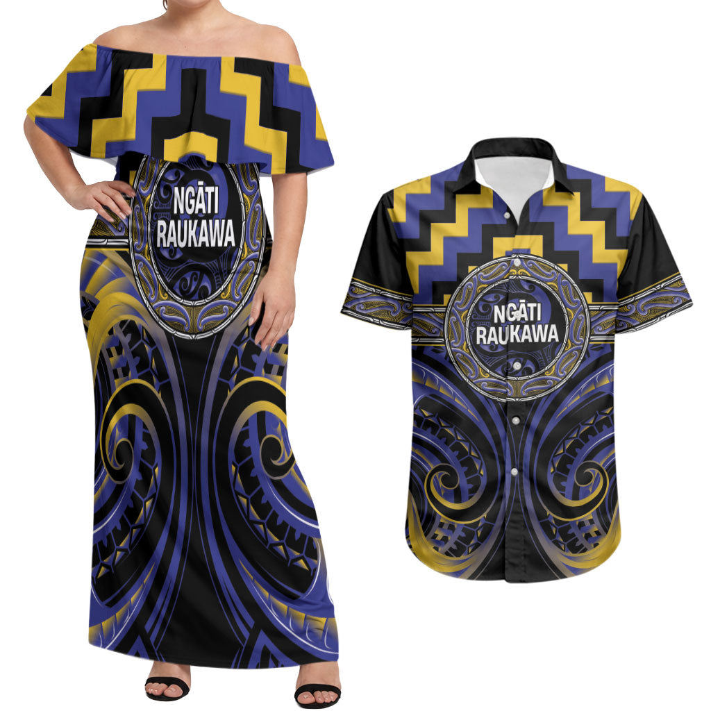 Aotearoa Ngati Raukawa Personalised Couples Matching Off Shoulder Maxi Dress and Hawaiian Shirt Maori Iwi Poutama Puhoro Tattoo