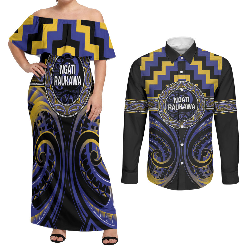 Aotearoa Ngati Raukawa Personalised Couples Matching Off Shoulder Maxi Dress and Long Sleeve Button Shirt Maori Iwi Poutama Puhoro Tattoo