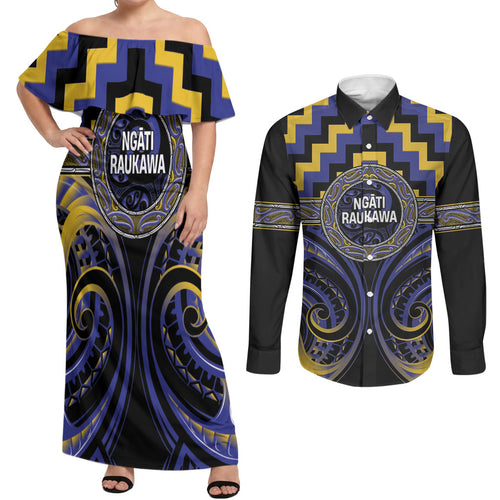 Aotearoa Ngati Raukawa Personalised Couples Matching Off Shoulder Maxi Dress and Long Sleeve Button Shirt Maori Iwi Poutama Puhoro Tattoo