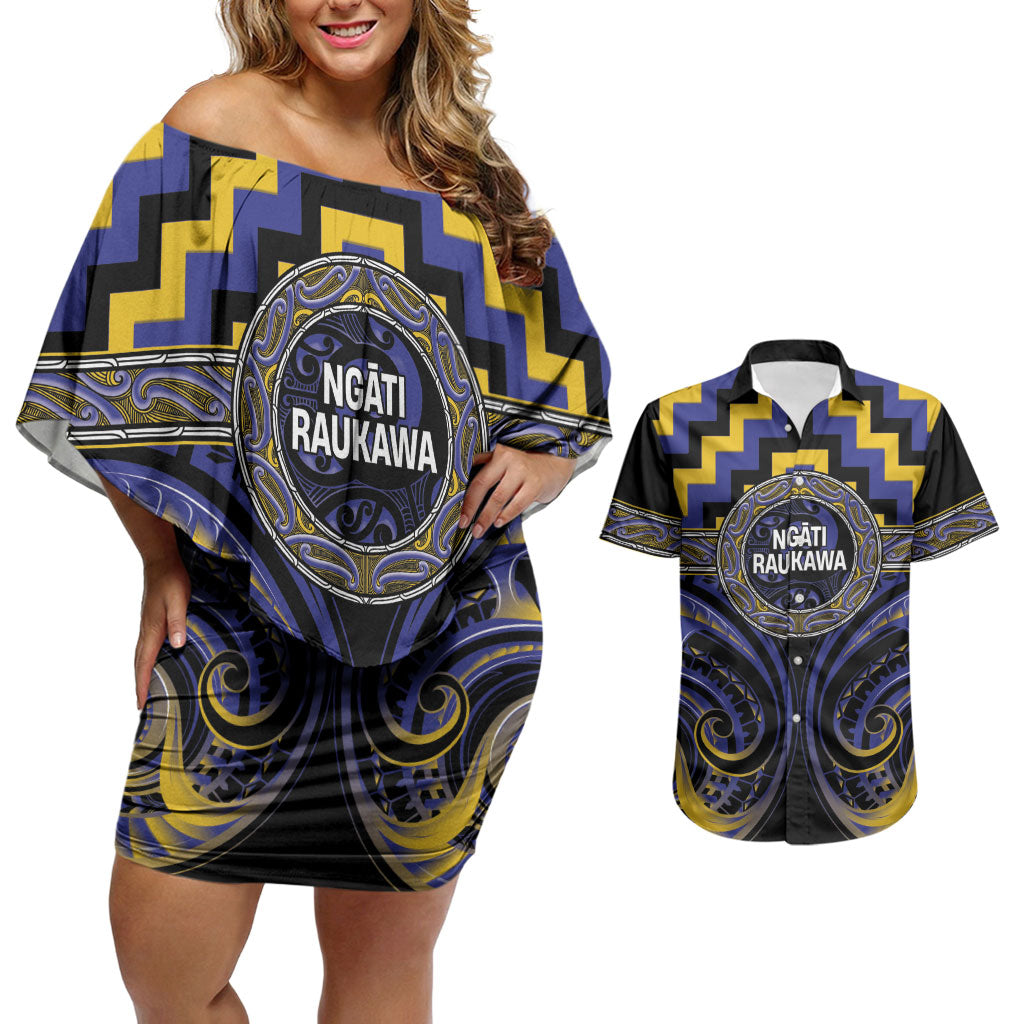 Aotearoa Ngati Raukawa Personalised Couples Matching Off Shoulder Short Dress and Hawaiian Shirt Maori Iwi Poutama Puhoro Tattoo