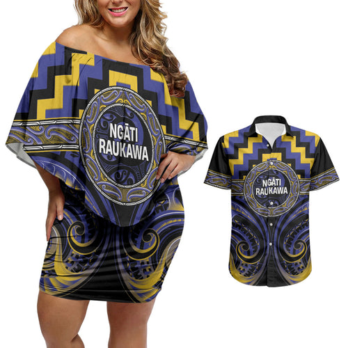 Aotearoa Ngati Raukawa Personalised Couples Matching Off Shoulder Short Dress and Hawaiian Shirt Maori Iwi Poutama Puhoro Tattoo