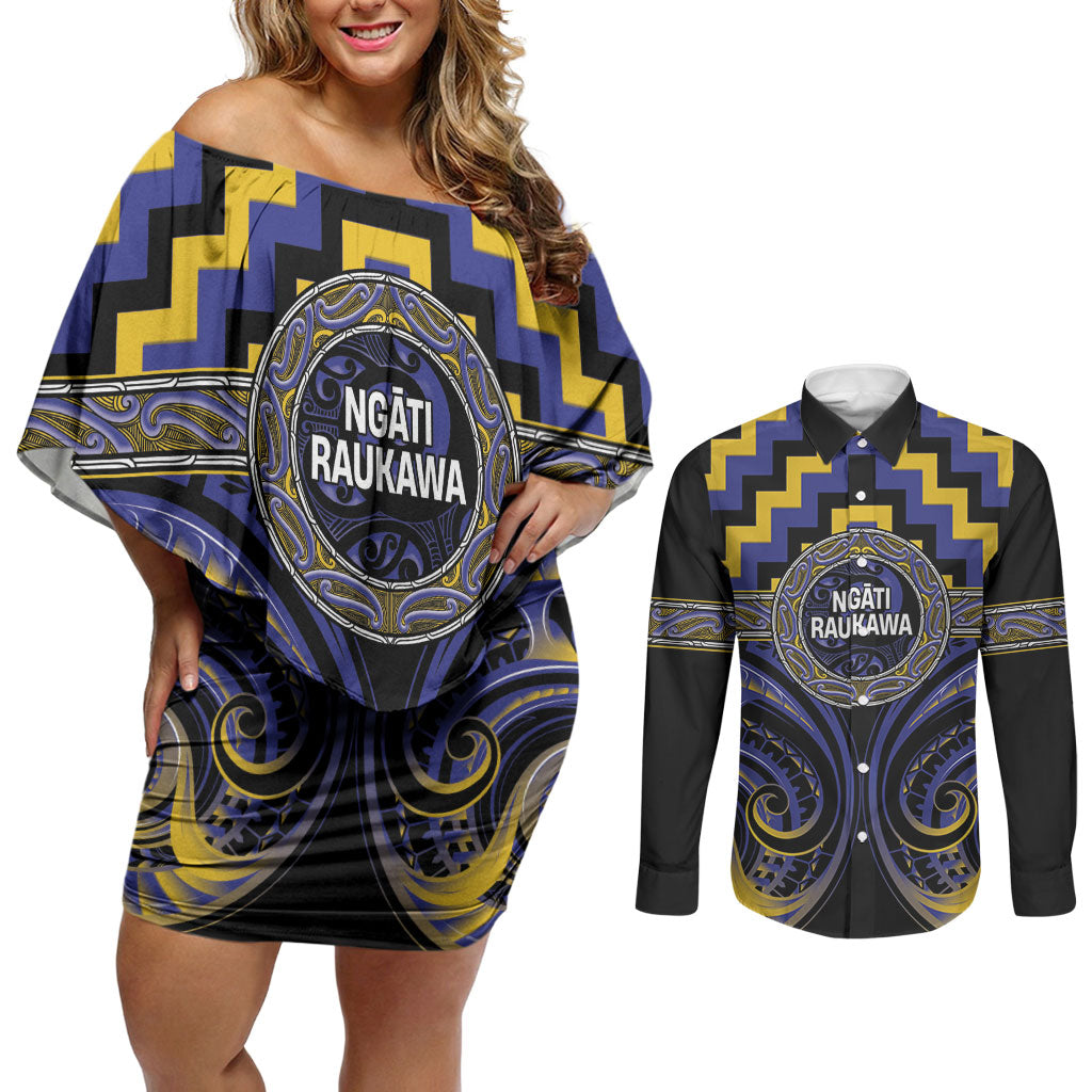Aotearoa Ngati Raukawa Personalised Couples Matching Off Shoulder Short Dress and Long Sleeve Button Shirt Maori Iwi Poutama Puhoro Tattoo