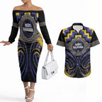 Aotearoa Ngati Raukawa Personalised Couples Matching Off The Shoulder Long Sleeve Dress and Hawaiian Shirt Maori Iwi Poutama Puhoro Tattoo