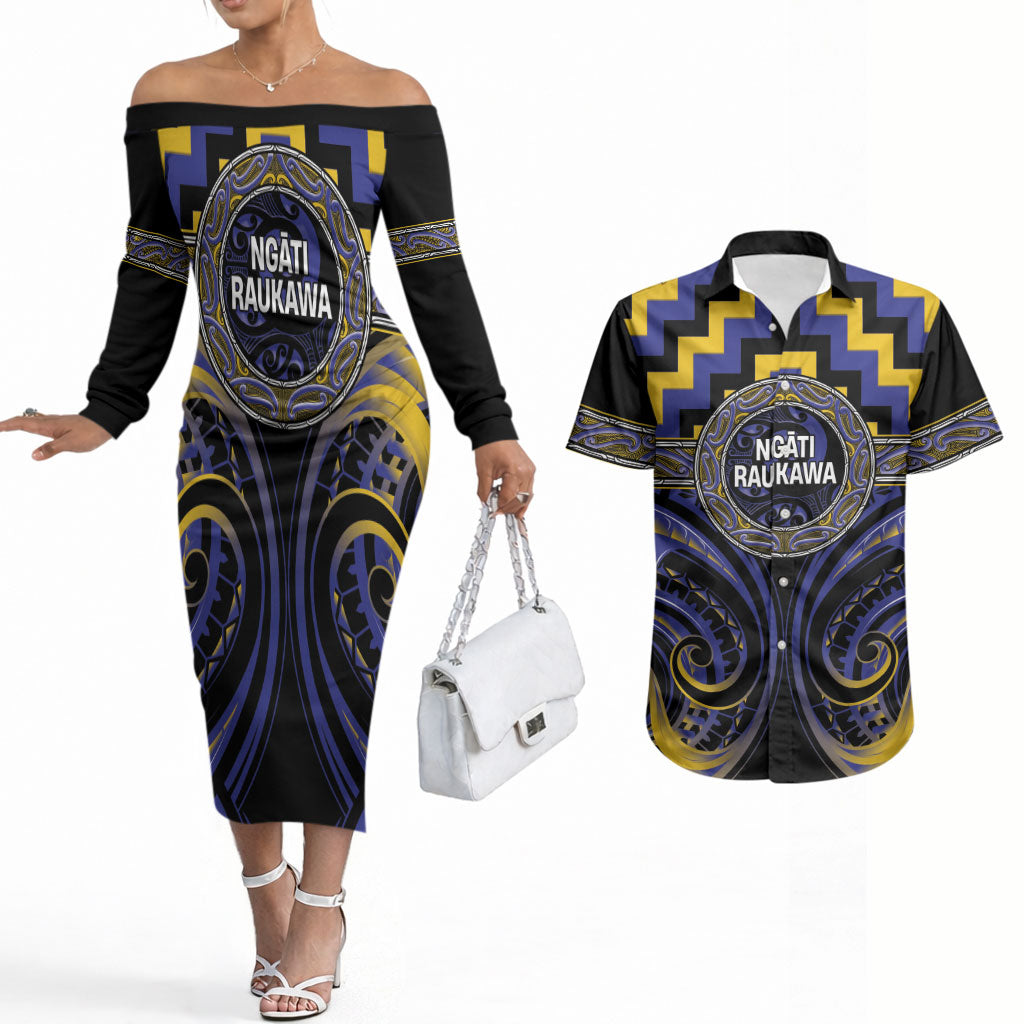 Aotearoa Ngati Raukawa Personalised Couples Matching Off The Shoulder Long Sleeve Dress and Hawaiian Shirt Maori Iwi Poutama Puhoro Tattoo