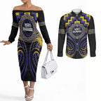 Aotearoa Ngati Raukawa Personalised Couples Matching Off The Shoulder Long Sleeve Dress and Long Sleeve Button Shirt Maori Iwi Poutama Puhoro Tattoo