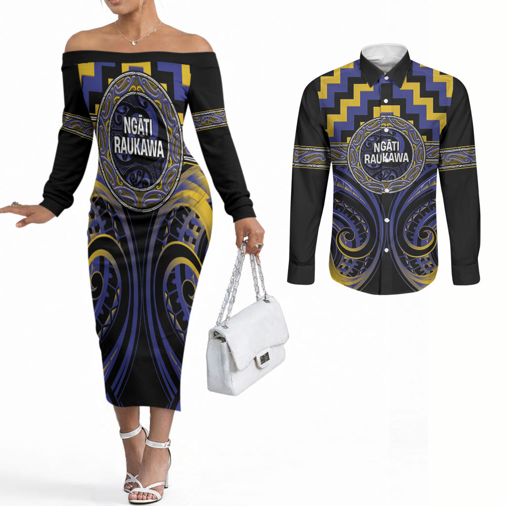 Aotearoa Ngati Raukawa Personalised Couples Matching Off The Shoulder Long Sleeve Dress and Long Sleeve Button Shirt Maori Iwi Poutama Puhoro Tattoo