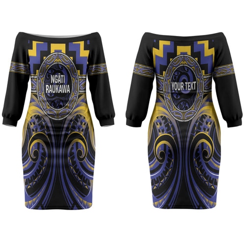 Aotearoa Ngati Raukawa Personalised Couples Matching Off The Shoulder Long Sleeve Dress and Long Sleeve Button Shirt Maori Iwi Poutama Puhoro Tattoo