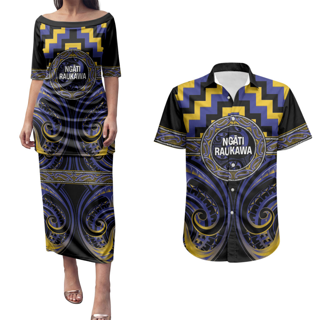 Aotearoa Ngati Raukawa Personalised Couples Matching Puletasi and Hawaiian Shirt Maori Iwi Poutama Puhoro Tattoo