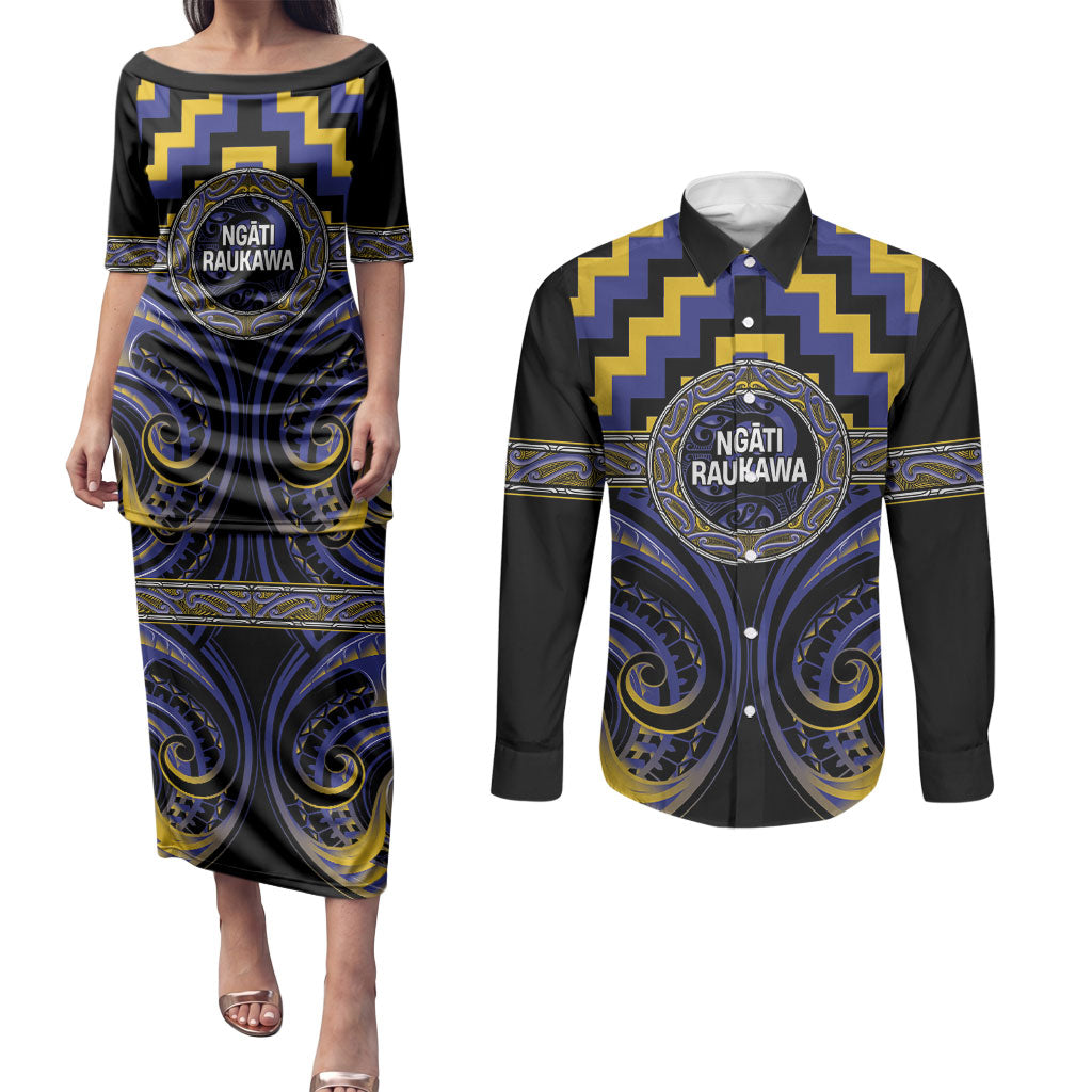 Aotearoa Ngati Raukawa Personalised Couples Matching Puletasi and Long Sleeve Button Shirt Maori Iwi Poutama Puhoro Tattoo