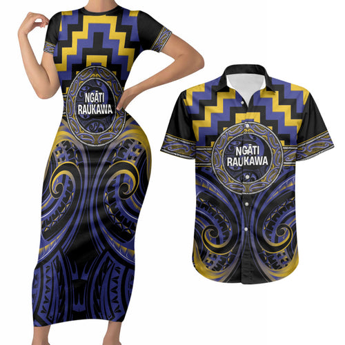 Aotearoa Ngati Raukawa Personalised Couples Matching Short Sleeve Bodycon Dress and Hawaiian Shirt Maori Iwi Poutama Puhoro Tattoo