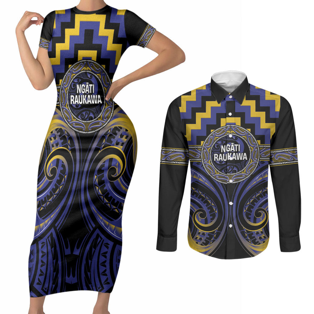 Aotearoa Ngati Raukawa Personalised Couples Matching Short Sleeve Bodycon Dress and Long Sleeve Button Shirt Maori Iwi Poutama Puhoro Tattoo