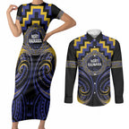Aotearoa Ngati Raukawa Personalised Couples Matching Short Sleeve Bodycon Dress and Long Sleeve Button Shirt Maori Iwi Poutama Puhoro Tattoo