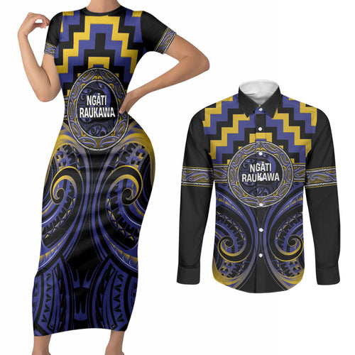 Aotearoa Ngati Raukawa Personalised Couples Matching Short Sleeve Bodycon Dress and Long Sleeve Button Shirt Maori Iwi Poutama Puhoro Tattoo