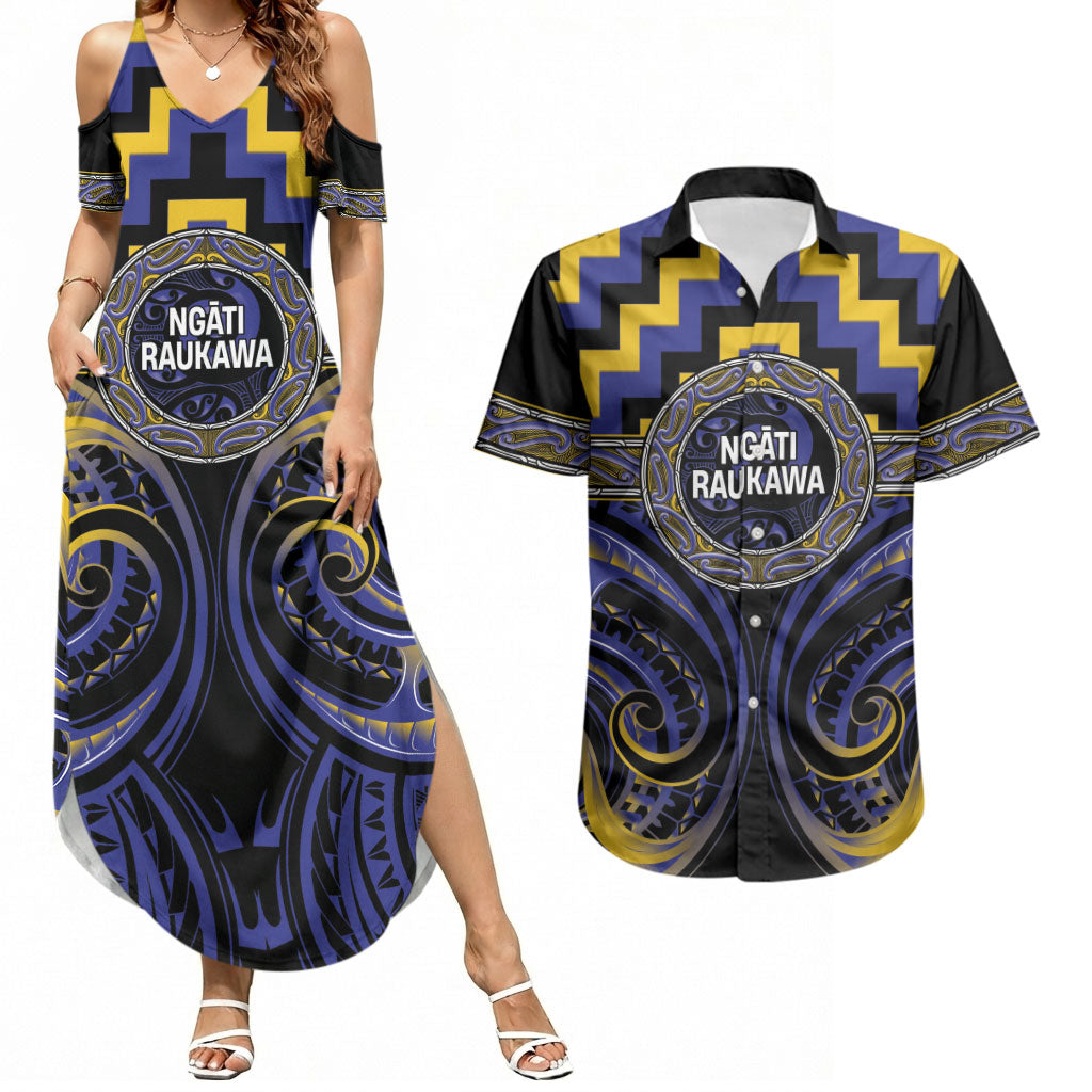 Aotearoa Ngati Raukawa Personalised Couples Matching Summer Maxi Dress and Hawaiian Shirt Maori Iwi Poutama Puhoro Tattoo