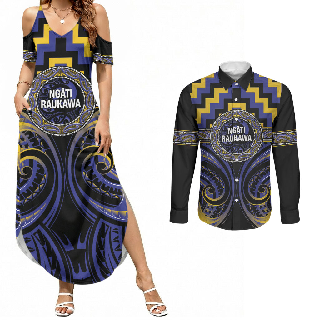 Aotearoa Ngati Raukawa Personalised Couples Matching Summer Maxi Dress and Long Sleeve Button Shirt Maori Iwi Poutama Puhoro Tattoo