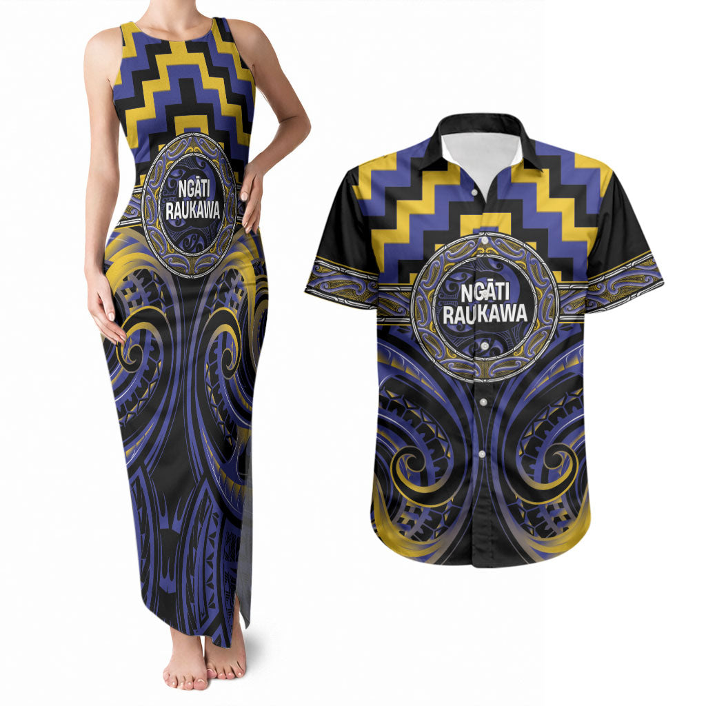 Aotearoa Ngati Raukawa Personalised Couples Matching Tank Maxi Dress and Hawaiian Shirt Maori Iwi Poutama Puhoro Tattoo