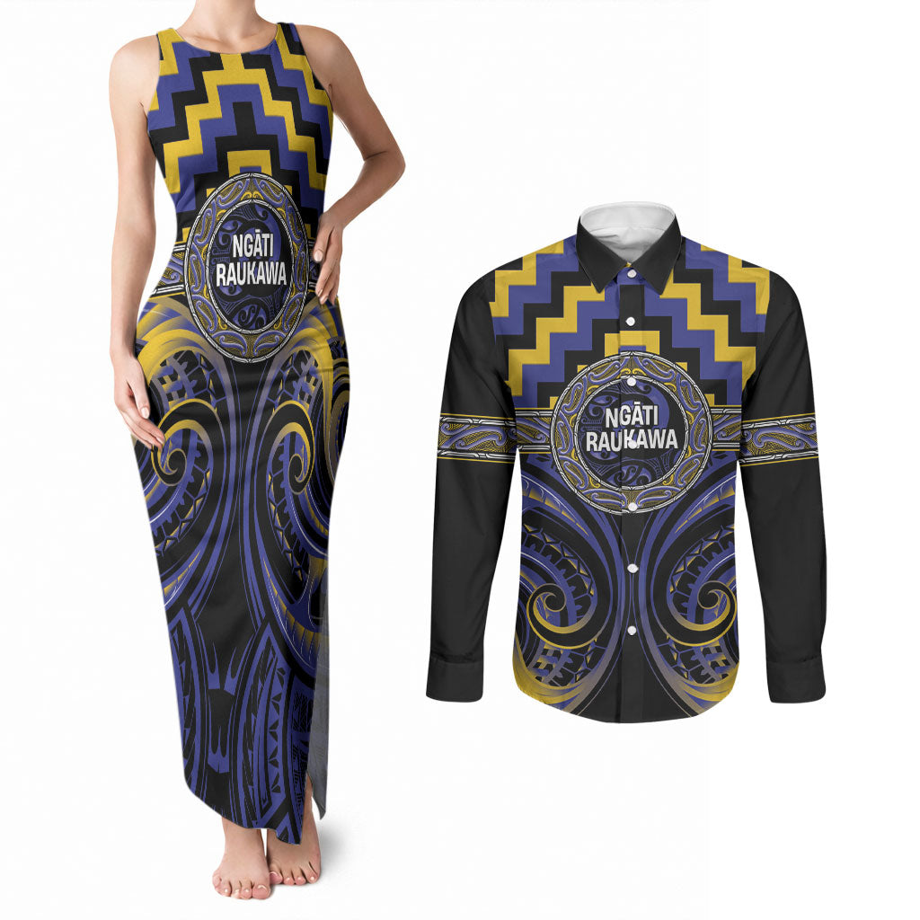 Aotearoa Ngati Raukawa Personalised Couples Matching Tank Maxi Dress and Long Sleeve Button Shirt Maori Iwi Poutama Puhoro Tattoo