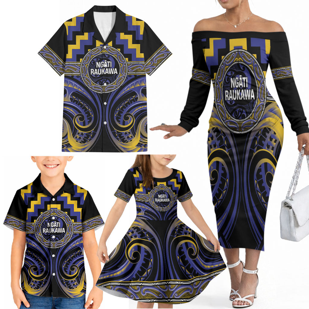 Aotearoa Ngati Raukawa Personalised Family Matching Off The Shoulder Long Sleeve Dress and Hawaiian Shirt Maori Iwi Poutama Puhoro Tattoo
