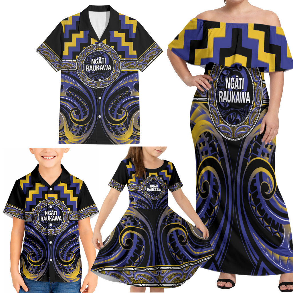 Aotearoa Ngati Raukawa Personalised Family Matching Off Shoulder Maxi Dress and Hawaiian Shirt Maori Iwi Poutama Puhoro Tattoo