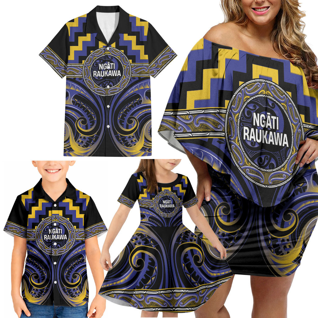 Aotearoa Ngati Raukawa Personalised Family Matching Off Shoulder Short Dress and Hawaiian Shirt Maori Iwi Poutama Puhoro Tattoo