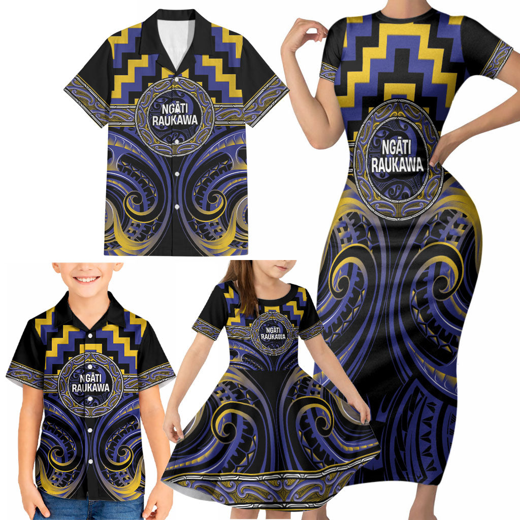 Aotearoa Ngati Raukawa Personalised Family Matching Short Sleeve Bodycon Dress and Hawaiian Shirt Maori Iwi Poutama Puhoro Tattoo