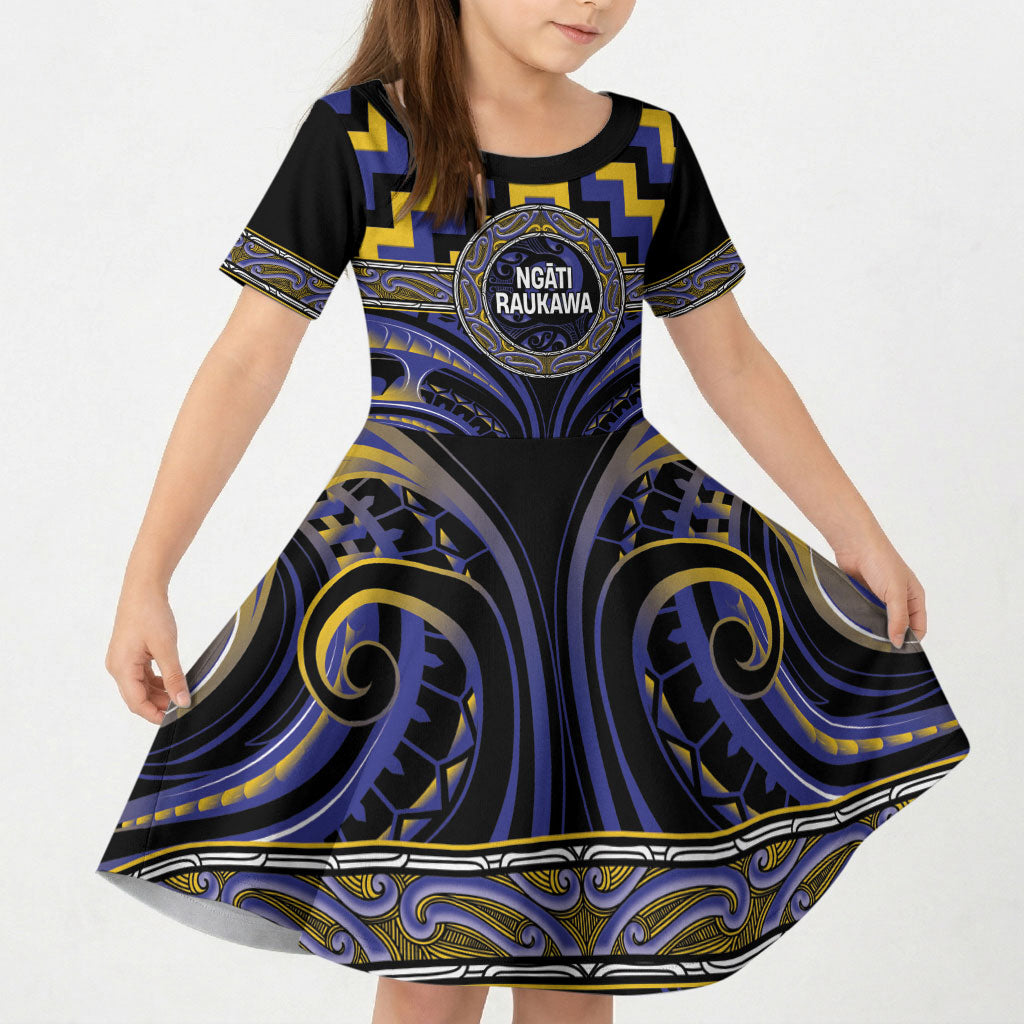 Aotearoa Ngati Raukawa Personalised Kid Short Sleeve Dress Maori Iwi Poutama Puhoro Tattoo