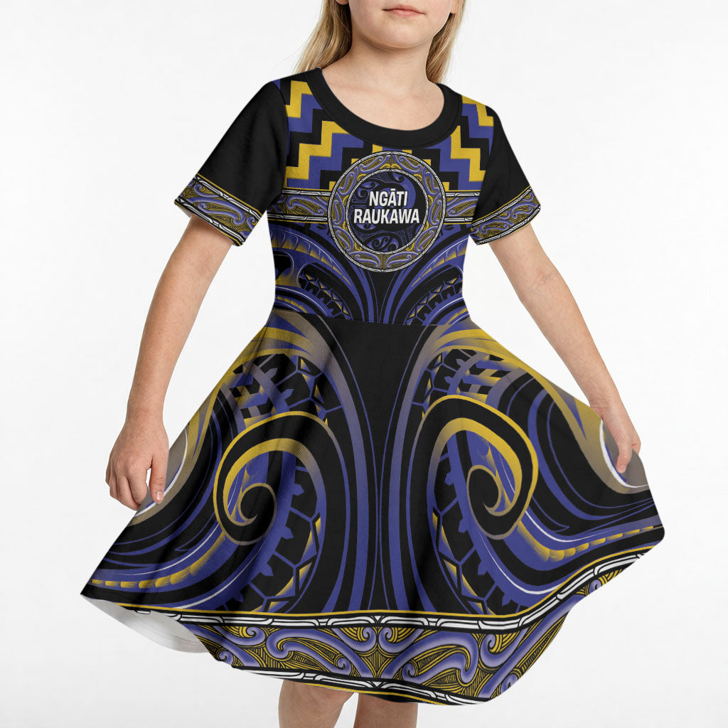 Aotearoa Ngati Raukawa Personalised Kid Short Sleeve Dress Maori Iwi Poutama Puhoro Tattoo