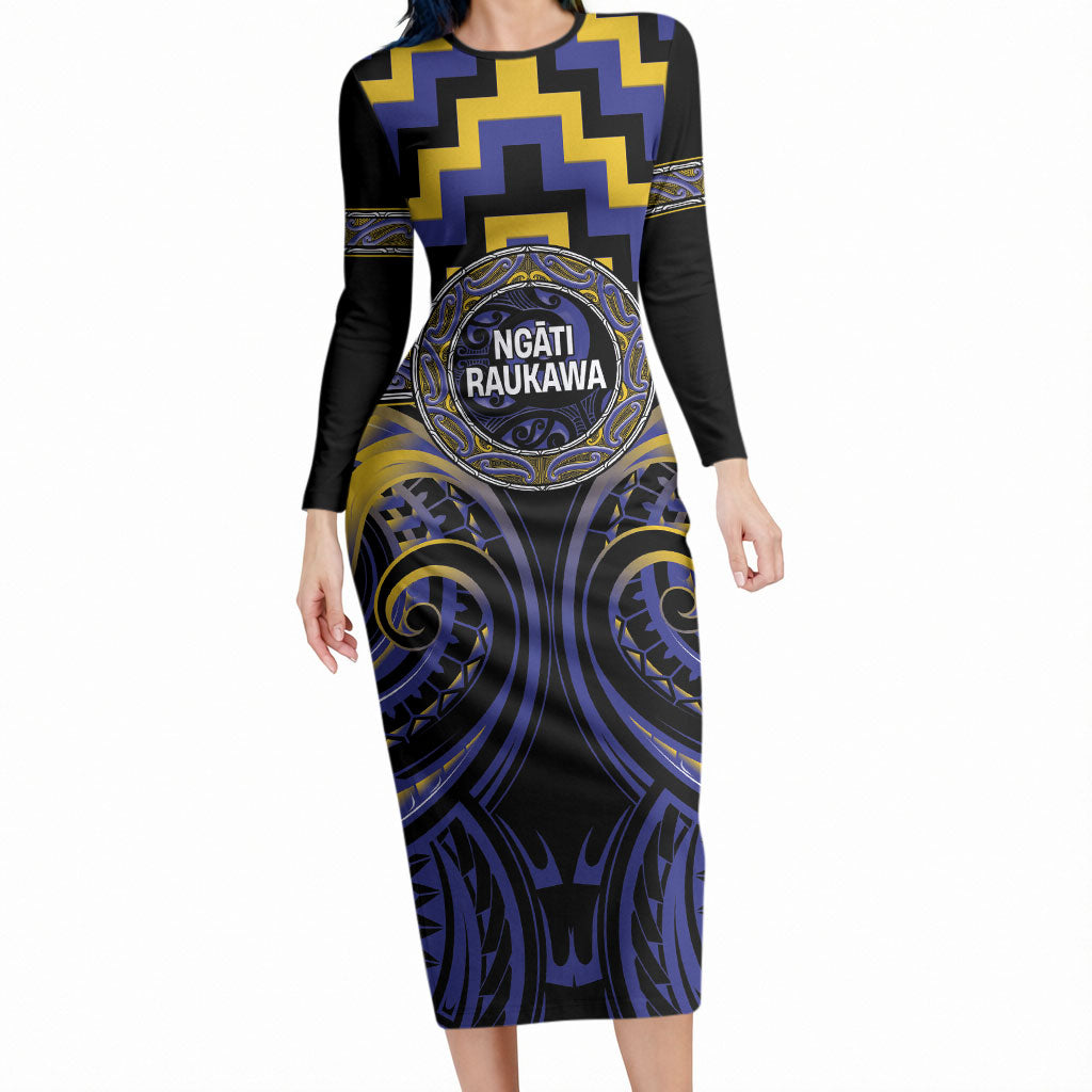 Aotearoa Ngati Raukawa Personalised Long Sleeve Bodycon Dress Maori Iwi Poutama Puhoro Tattoo